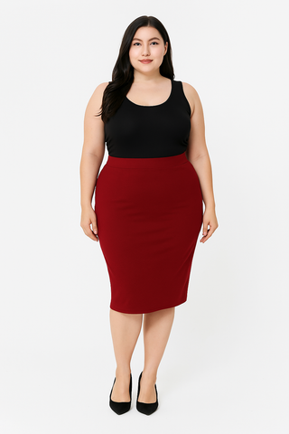 Plus size woman wearing a red pencil skirt